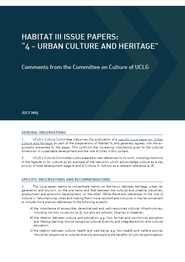 Committee on Culture of UCLG: Comments on Habitat III "Urban Culture and Heritage"