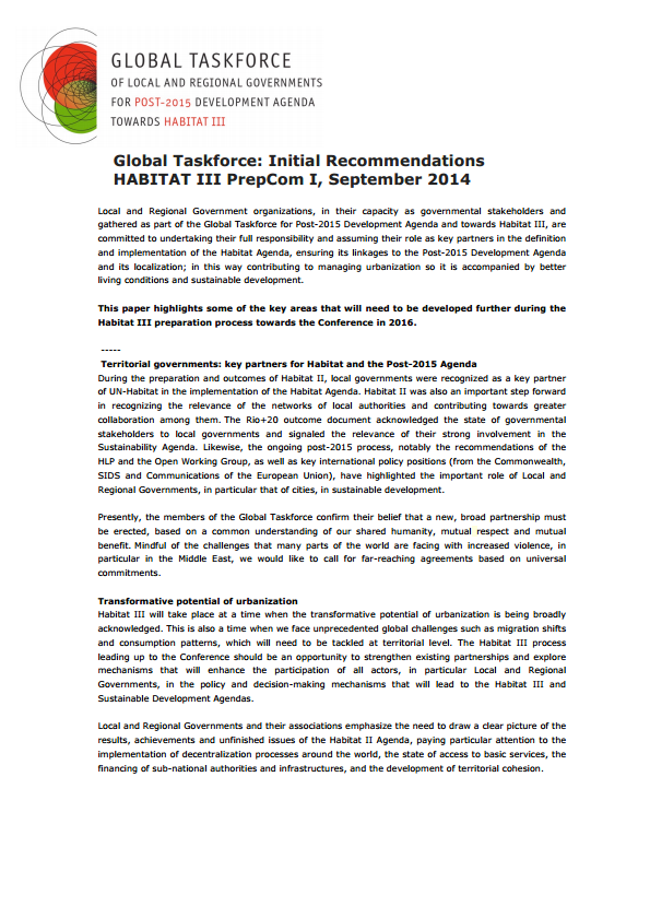 Global Taskforce: Initial Recommendations on Habitat III